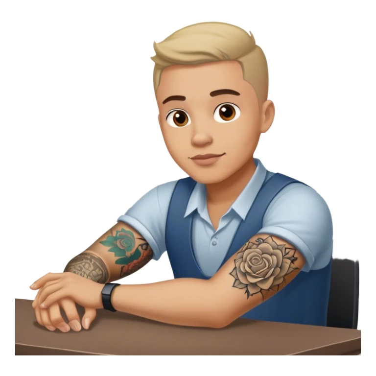 Man Working at a desk in love with a tattoo on his arm sticker