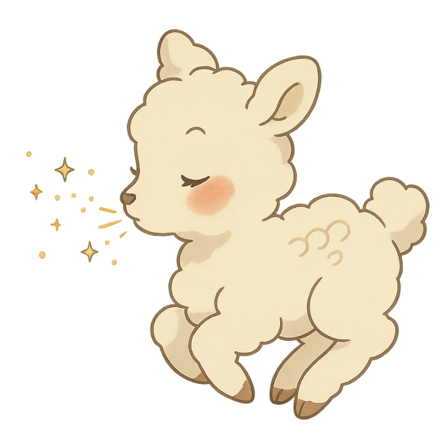 soft vanilla cloud doe with rosy cheeks, floating and blowing sparkles, ghibli style sticker