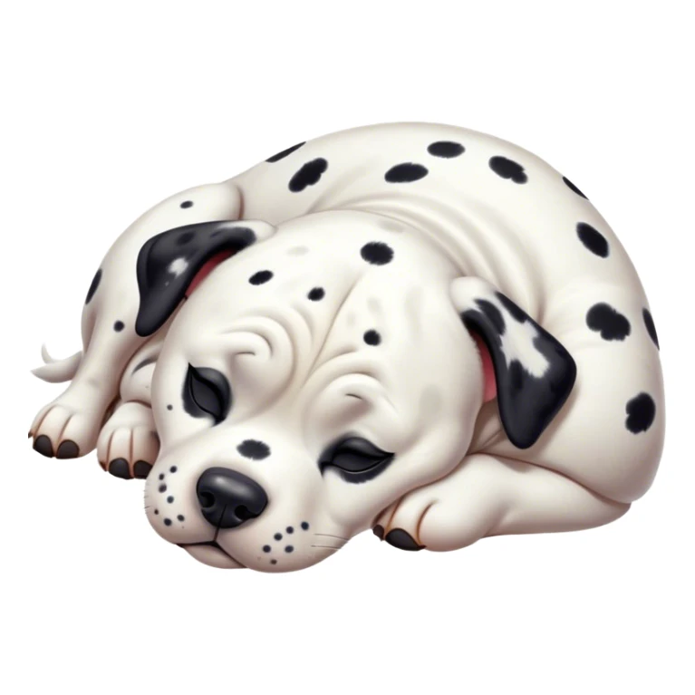 Cinematic Chubby Sleeping Dalmatian Portrait Emoji, Chubby and serene, with a round, plump build and a glossy white coat adorned with distinctive black spots, eyes gently closed in peaceful slumber, Simplified yet irresistibly endearing features, highly detailed, glowing with a gentle, dreamy glow, high shine, relaxed and content, stylized with a touch of whimsy, bright and heartwarming, soft glowing outline, capturing the essence of a blissfully sleepy companion, so comically serene it feels like it could roll out of the screen and snore with adorable charm! sticker