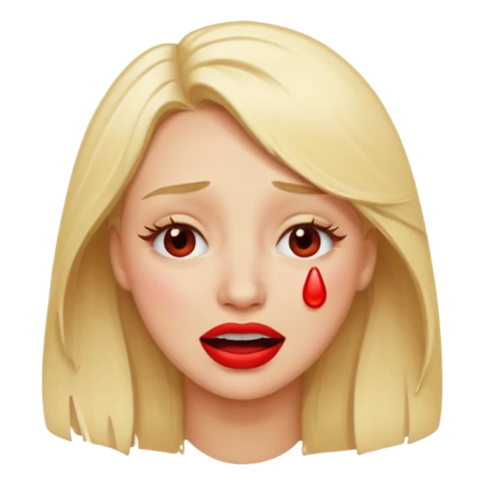 blonde having crying emoji tears from hard laughter. really happy in general, happy eyes. red lipstick sticker