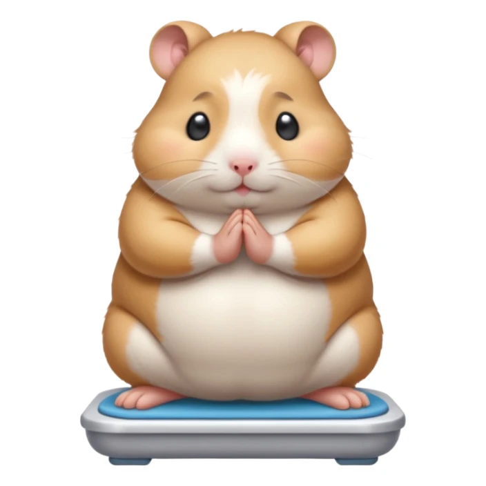 Cute chubby cartoon-style hamster standing on a bathroom scale, looking nervous with praying hands. Painterly shading, closed eyes, white background, sticker-style illustration sticker