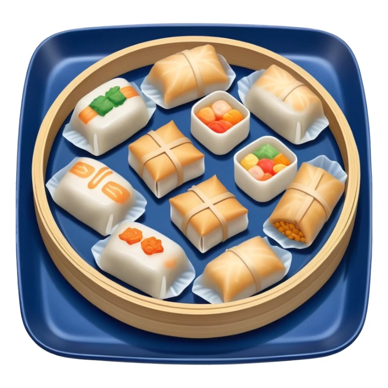 Warms Dim Sum pieces on a Japanese dark blue porcelain tray sticker