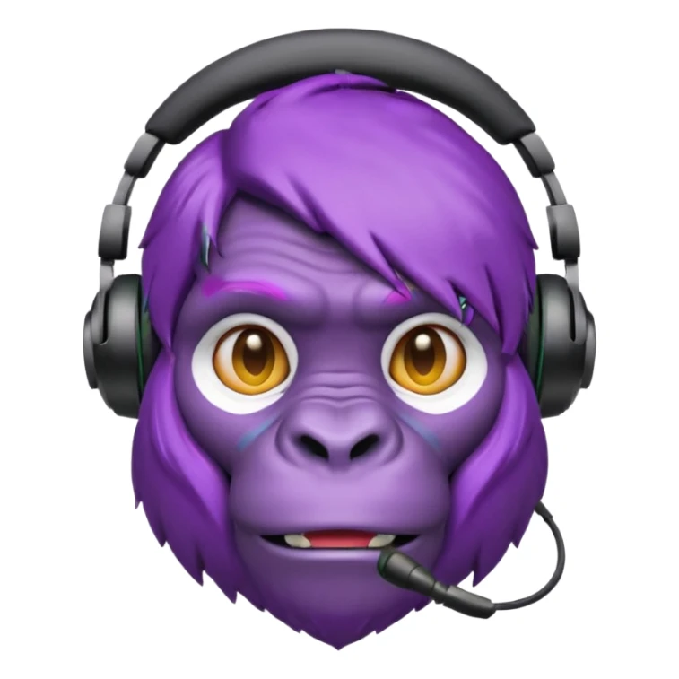 purple haired gorilla head with headset, apple style emoji, no text, facing slightly right sticker