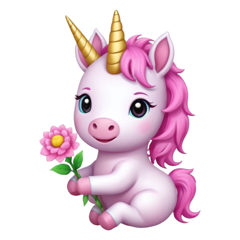 Cute happy anime style pink baby unicorn holding a flower 
 sticker