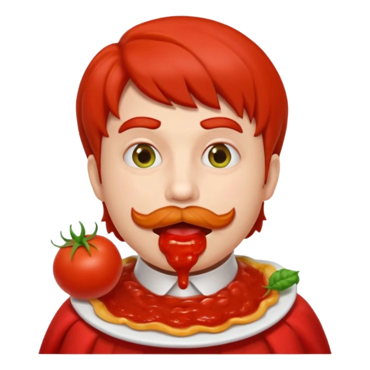 funny theater actor character who ate tomatoes, tomato sauce around mouth, dramatic expression, stage costume collar, 3D cartoon, mobile game icon style, clean background, no text, no watermark
 sticker