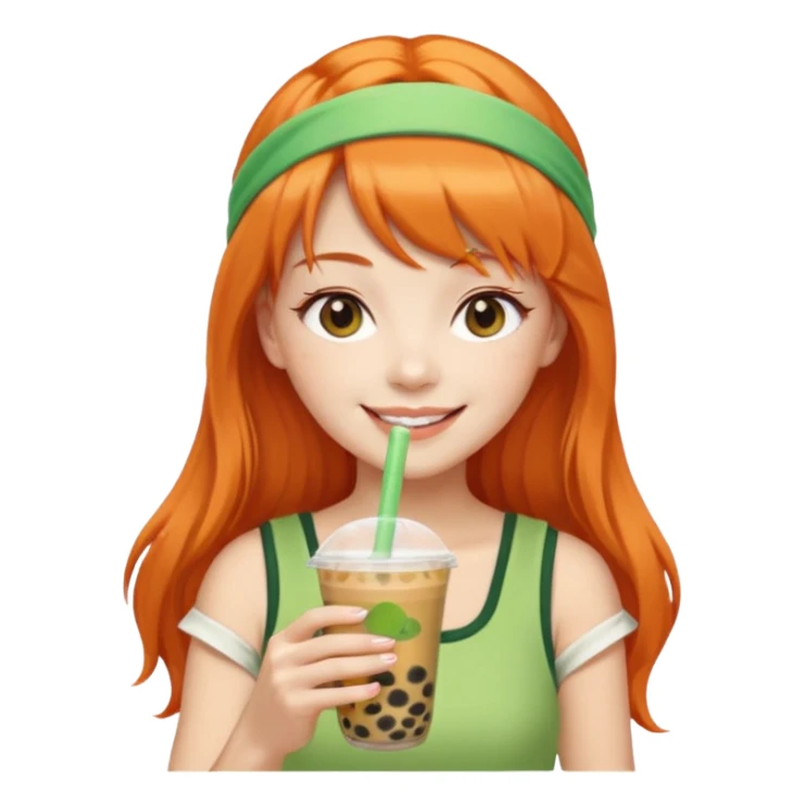 Create an emoji of a fair-skinned woman with long orange hair, bangs, and a green headband, holding a cup of bubble tea. sticker