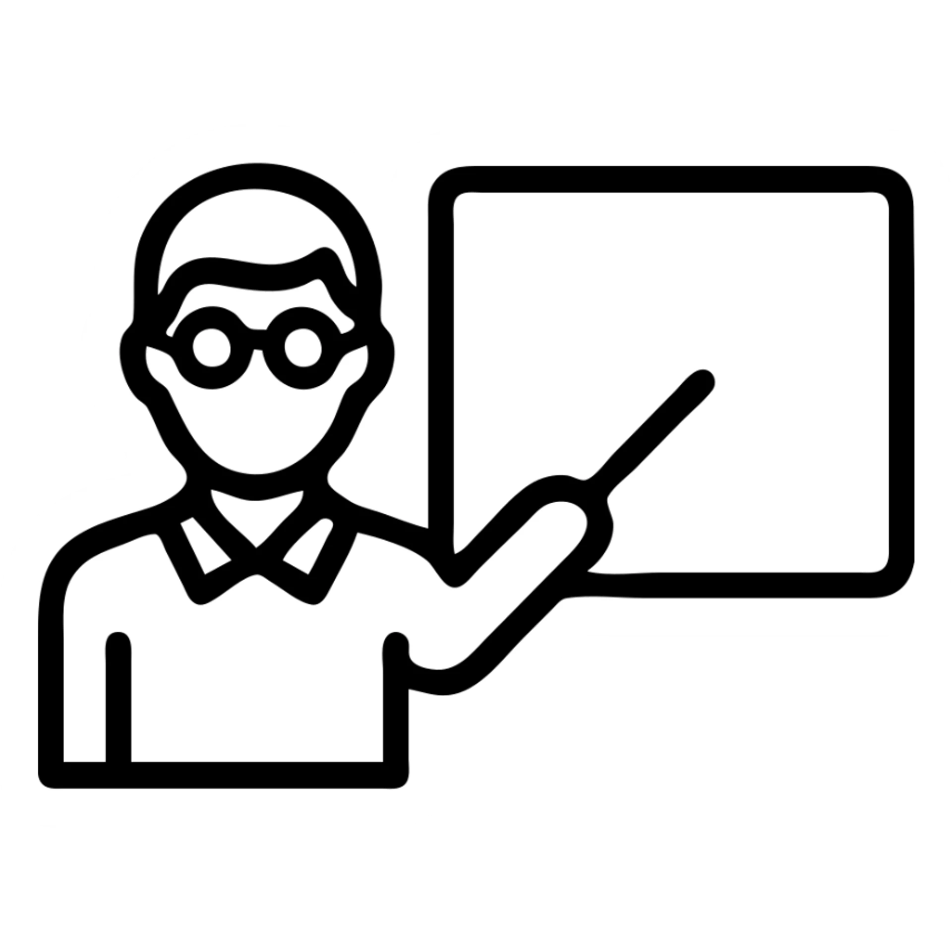 male teacher with glasses pointing at a white board, simple and clean lines, minimal color, outline icon style sticker