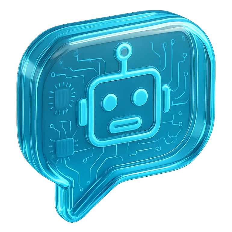 Icon of a speech bubble with a robot face, cyan blue sticker