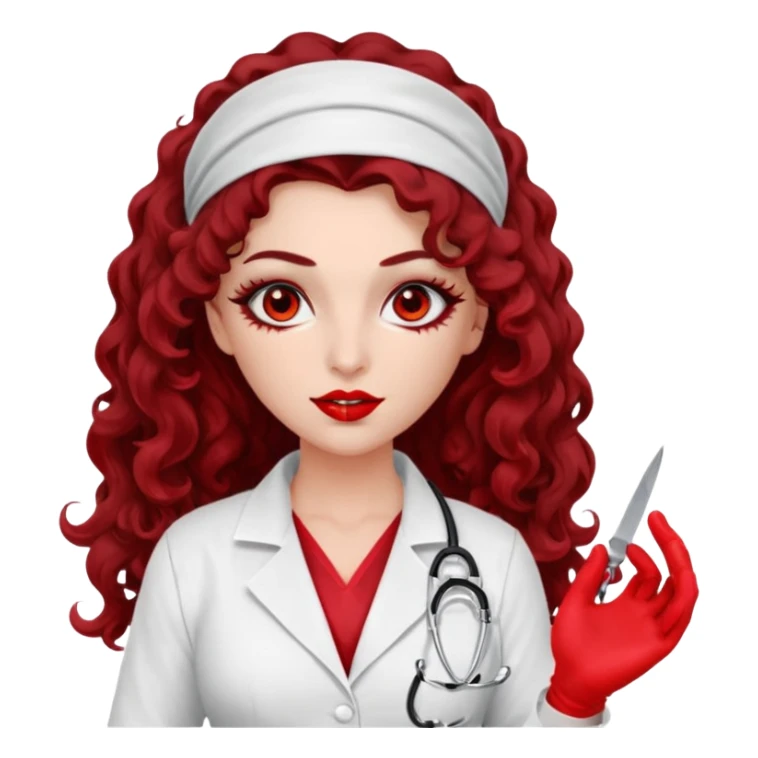 Lilith scalpel in hand, evil surgeon outfit.  She has red eyes. She has dark brown curly hair. Hair is long . Wears sexy doctor outfit with red gloves. Covers nose, neck and mouth with Muslims  sticker