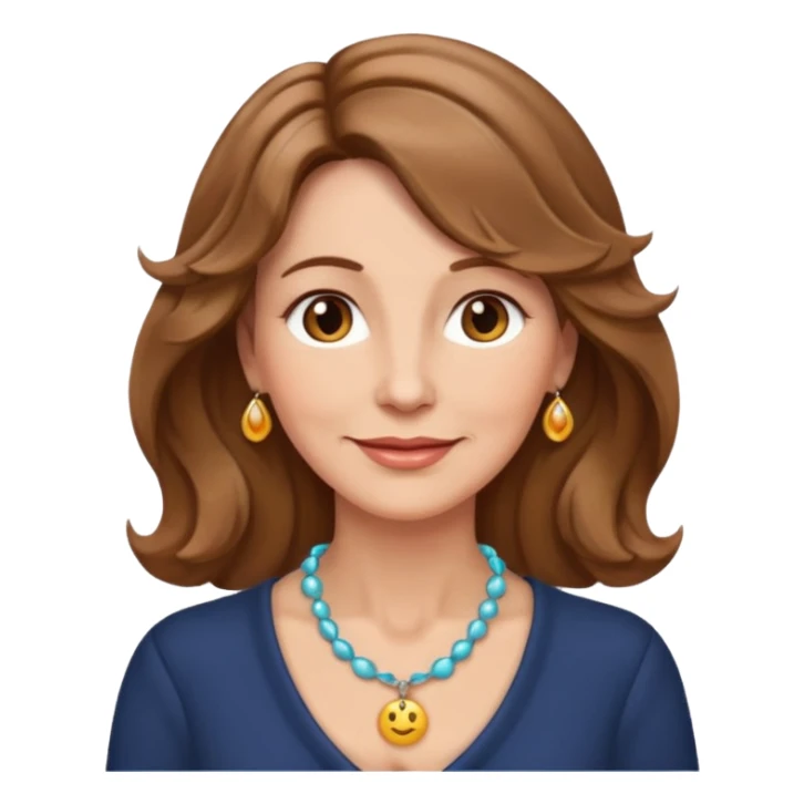 woman in her 50s, wavy light brown hair, wearing a necklace, gentle expression, emoji style sticker