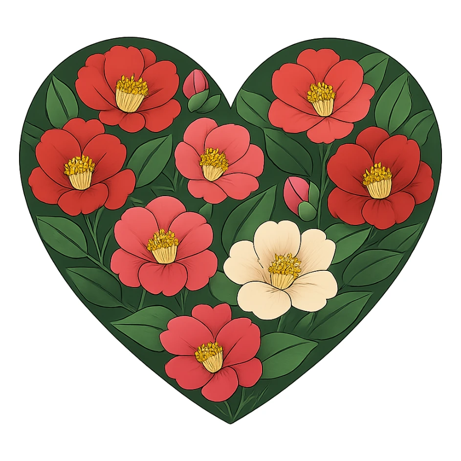 heart with a vibrant camellia garden, clean digital illustration sticker