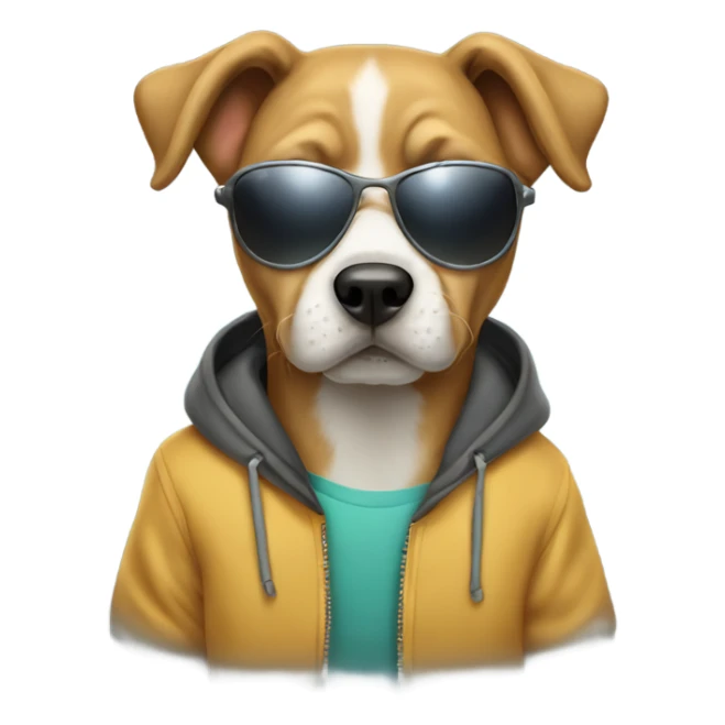 Dog wearing a hoodie with sunglasses sticker