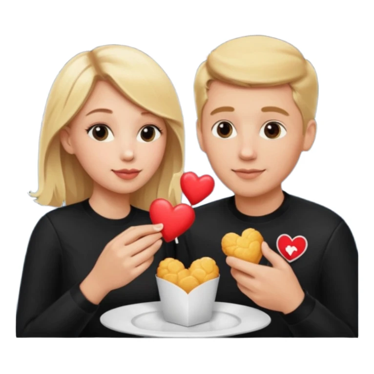 Couple with blonde hair wearing black eating chick filet hearts and outer space in the background. 
 sticker