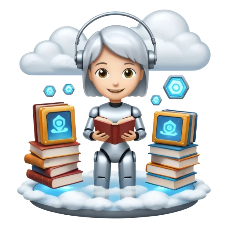 “A futuristic library floating in the clouds, filled with glowing books and holographic screens, with a friendly robot librarian.” sticker