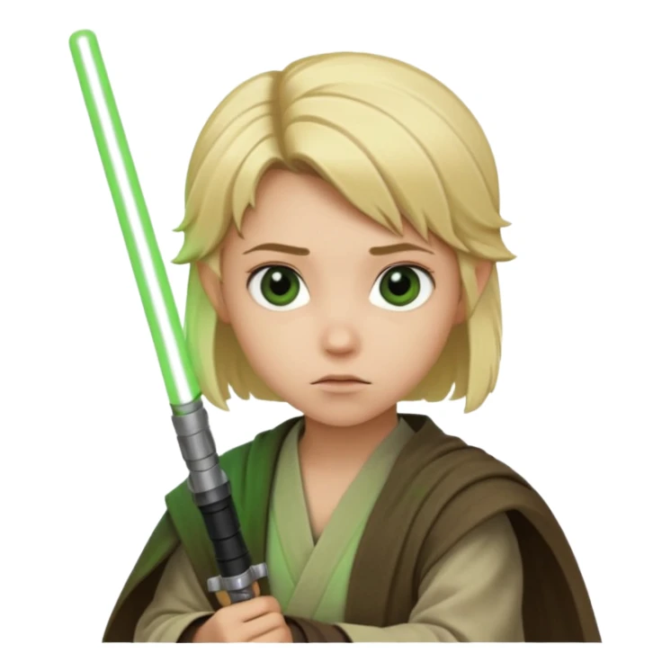 Young jedi with blonde hair holding a green lightsaber sticker