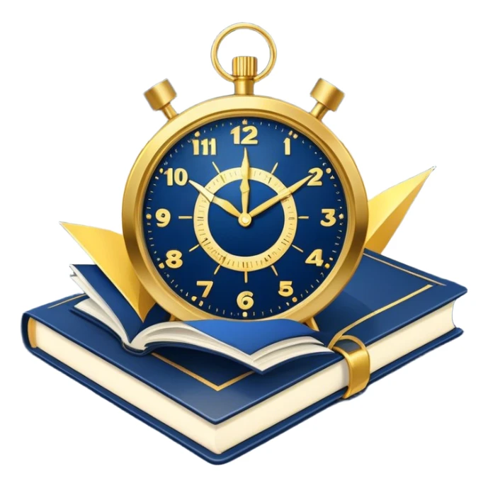 A navy blue productivity book with gold details, running clock and chart with upward trend aura, radiating productivity, strategy, and success in motion with time and happiness yellow... power in time sticker