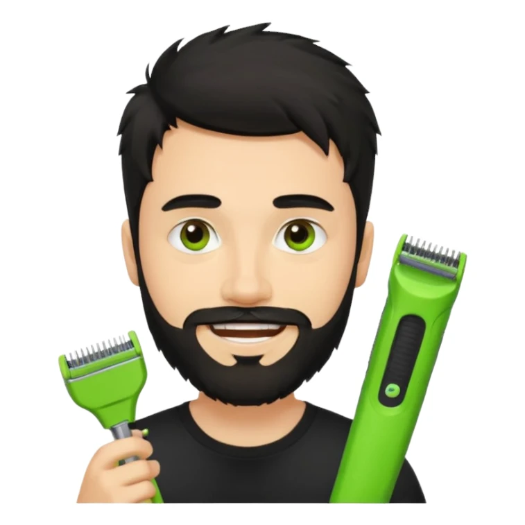 young handsome fair-skinned man with messy black hair and beard, smiling, wearing a black t-shirt, holding one small true-to-size bright lime green face beard trimmer, iOS emoji style sticker