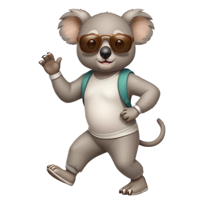 friendly anthropomorphised koala in casual clothing, wearing dark sunglasses, jogging upright in relaxed pose sticker