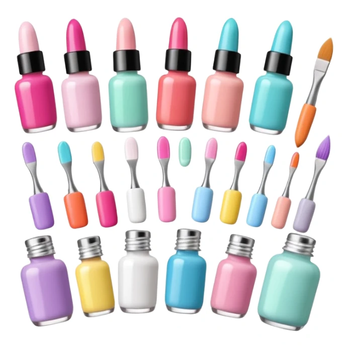 Minimalist nail art sticker pack featuring a cute female nail artist, nail tools like brushes and files, colorful nail polish bottles, small decorated nails, simple and clean design, pastel colors, kawaii style, delicate and charming, high-resolution, perfect for nail stickers sticker