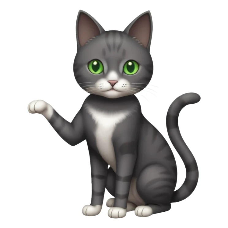full body gorgeous solid dark grey cat with green eyes, white paws and white whiskers playing sticker