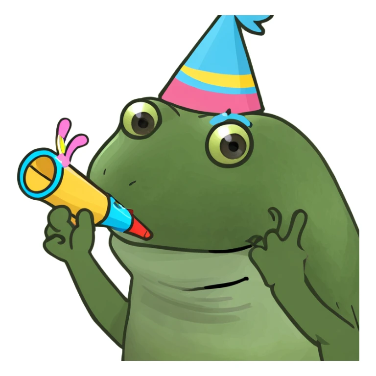 Party hat, confetti, happy, throwing hands up, celebrating, party blower in mouth   sticker