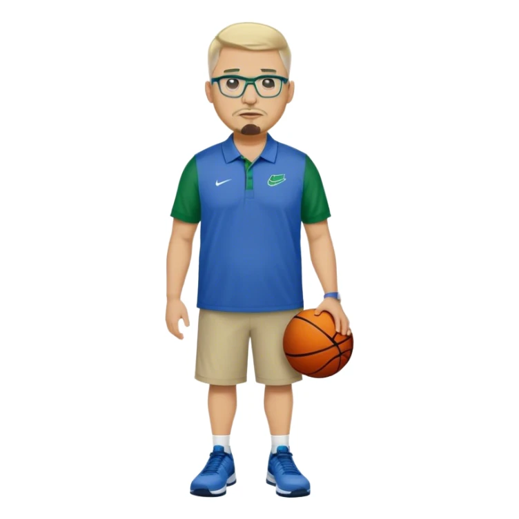 Full Body white male plus size wearing glasses with a goatee with light blonde and gray very short hair mad basketball head Coach in blue and green wearing Nike polo sticker