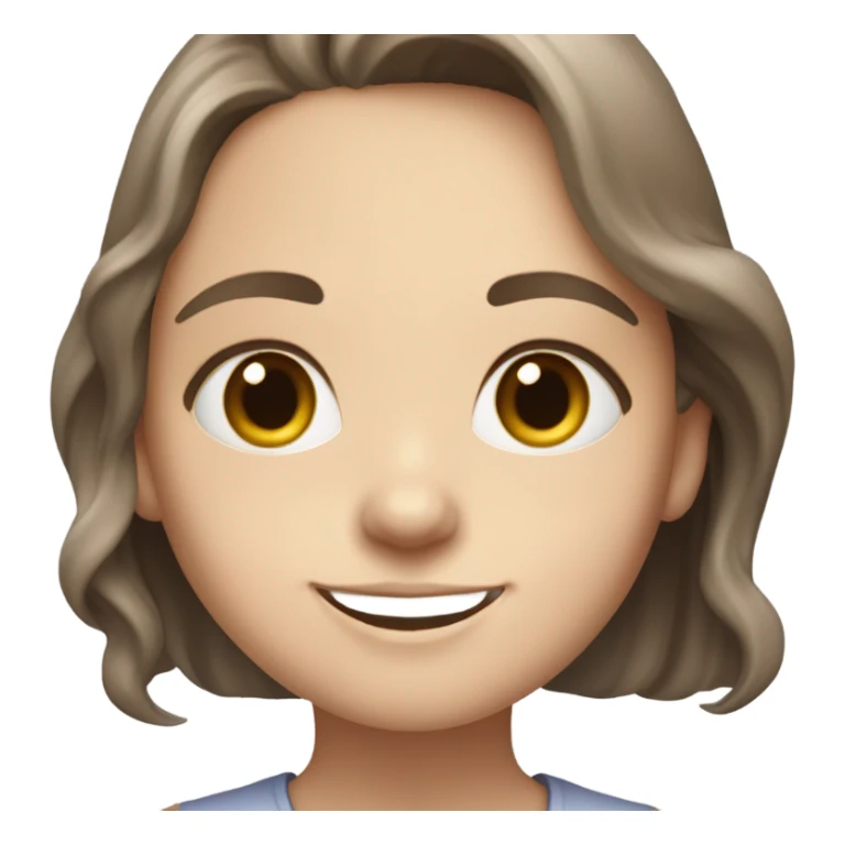 A white-skinned girl with slightly wavy brown hair just below her shoulders, gray eyes and a milky top smiles peacefully sticker