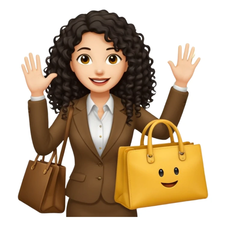 medium deep tan brown business woman with long black curly hair, waving hand with happy face with smile mouth and carrying bag on her shoulder and the other hand holding yellow tumblr sticker