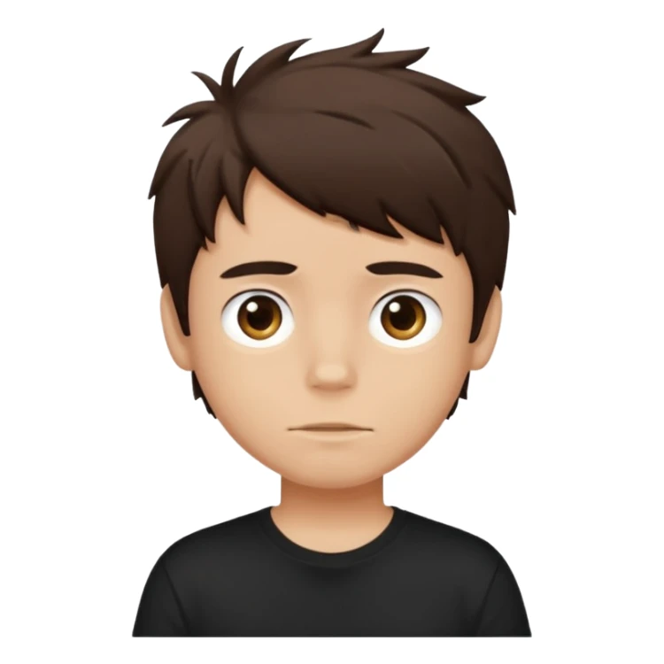 a light tan boy with messy dark brown hair. Wearing a black tshirt sticker