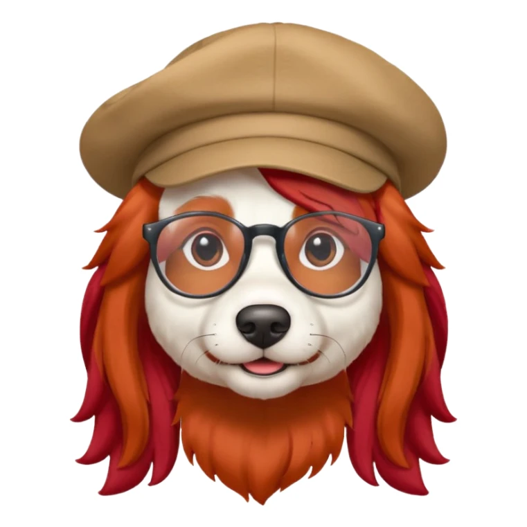 white dog with very red long hair and glassess and hat sticker