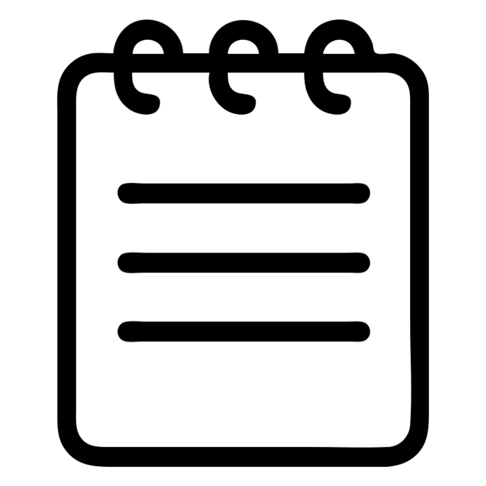 minimalistic bold black-and-white icon of a simple notepad with three horizontal lines as list items, clean geometric lines, square, flat, no gradients, inspired by Netflix UI, vector style, suitable for dark and light mode sticker