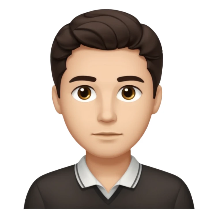 He’s a man with light to medium skin, a defined oval face, full brows, deep-set eyes, and wavy short dark brown hair styled with height, sides are trimmed. expression calm and focused relaxed black open-collar .polished, articulate, and trainer vibe. sticker