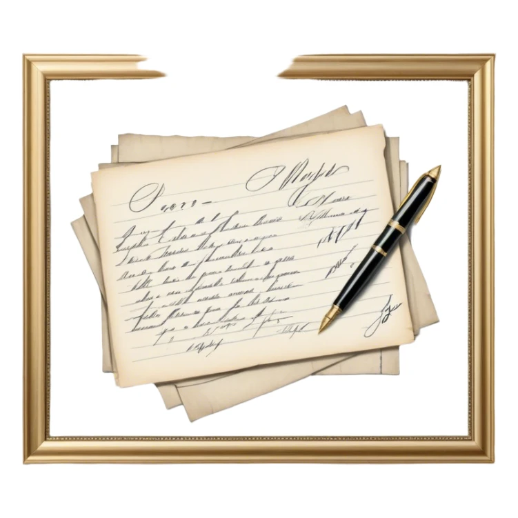 Icon for Autograph Collecting: several vintage sheets in frames with famous celebrity signatures on them, with a classic fountain pen nearby. The icon should evoke the elegance and rarity of collecting autographs. Transparent background. sticker