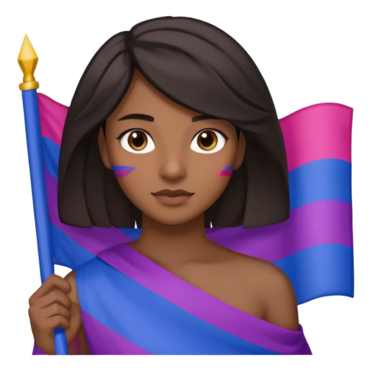 eu com a bandeira bissexual, sou parda, com cabelos negros que vão até a altura dos ombros levemente ondulados, olhos castanhos, sticker