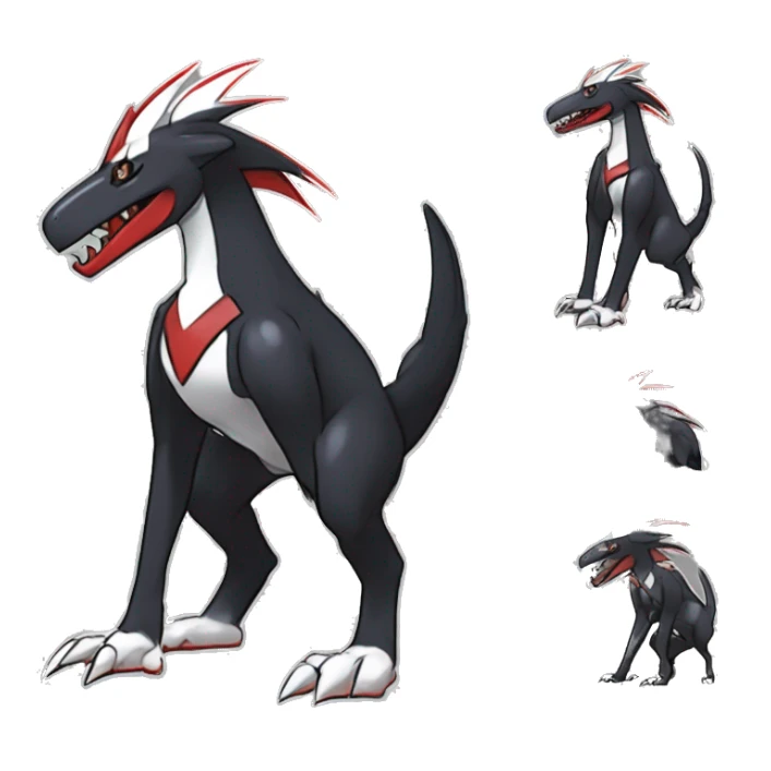 Black Cool Edgy Nargacuga-Houndoom-Garchomp Fakémon Digimon with Red and white Edgy markings, full body, outlined, sharp line Art sticker