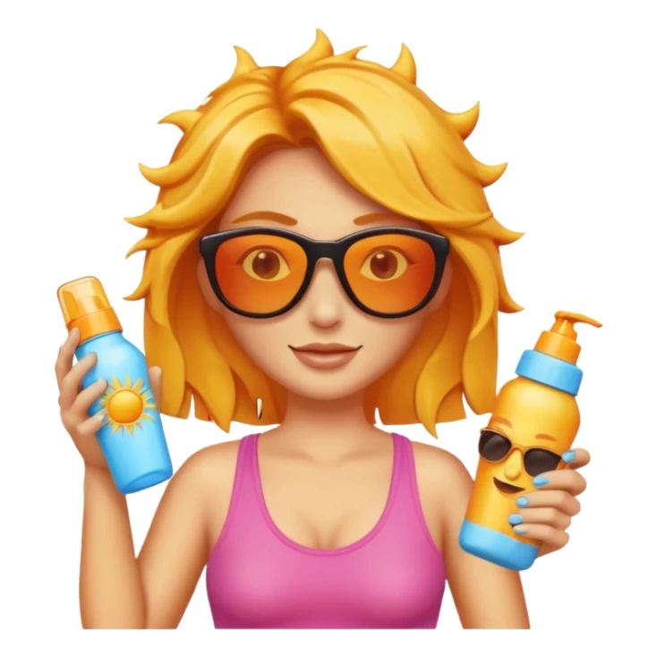 female with suncream bottle and sunglasses, with sun burned sticker