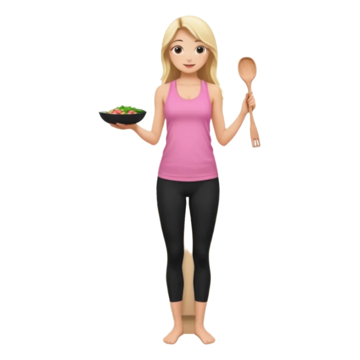 Render from knees up, view from the back, fair skinned woman, thin, long blond hair, cooking dinner in kitchen, pink loose tank top, showing natural B cup breast shape SFW, black yoga pants, perfect booty sticker