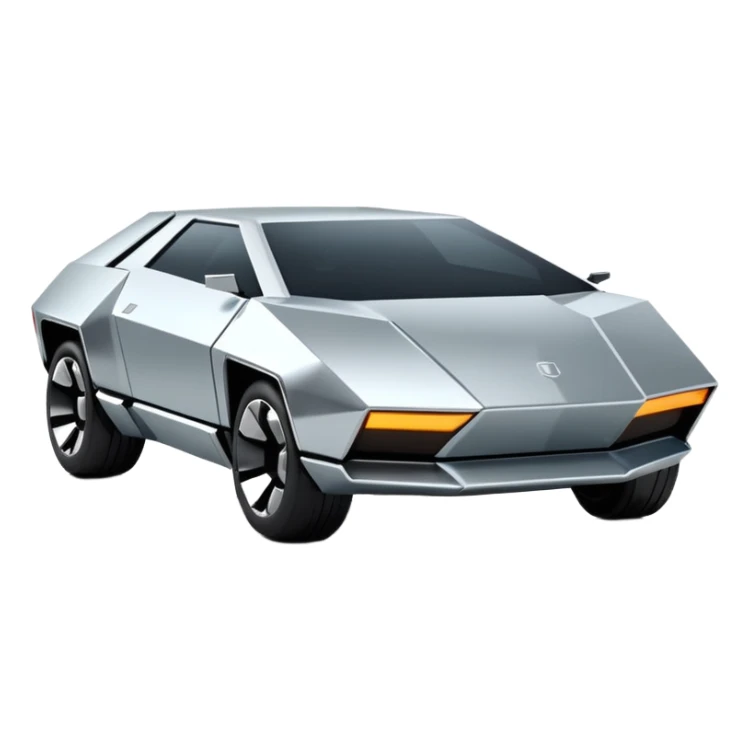 A futuristic chrome car emoji, sharp geometric body design inspired by cybertruck aesthetics, smooth silver metallic surface, matte and glossy chrome mix, minimal details, soft reflections, clean edges, iOS emoji style, centered, clean white background, soft studio lighting, no text sticker