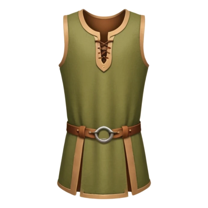 A stylized 3D render of a sleeveless medieval tunic, olive green fabric, scoop neck with a small keyhole opening fastened by brown leather toggles. sticker