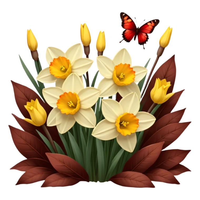 Golden daffodils bloom among deep brown-red leaves, while delicate brown butterflies flutter nearby. Warm sunlight casts a vintage glow over the scene. sticker