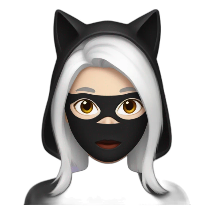 A woman with white hair and cat ears and a black mask around her eyes has white skin and a black spiderman mask on her face. sticker