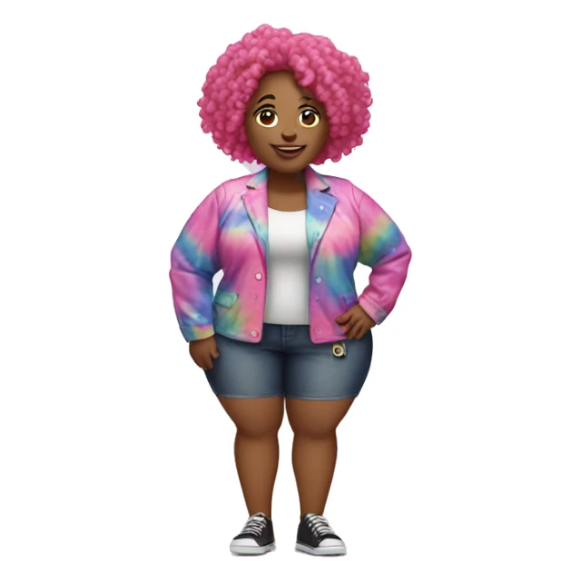 Plus size black woman with pink curly hair and a tie dye jacket  sticker