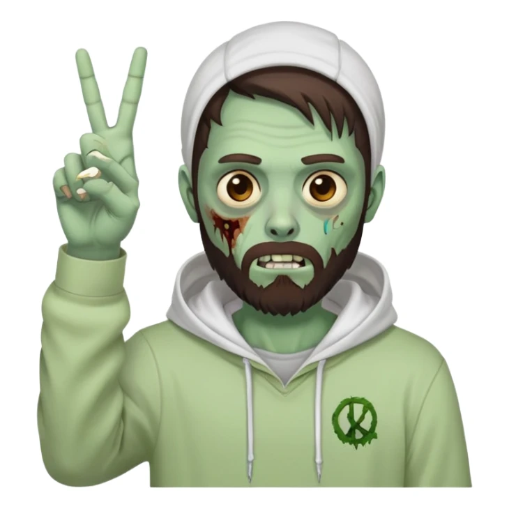 zombie making peace sign, undercut hairstyle with dark brown hair, short full beard, wearing plain white hoodie sticker