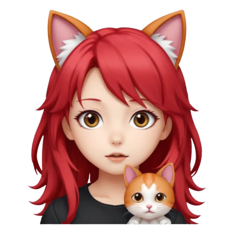 cute anime girl with cat ears, red blowing hair sticker