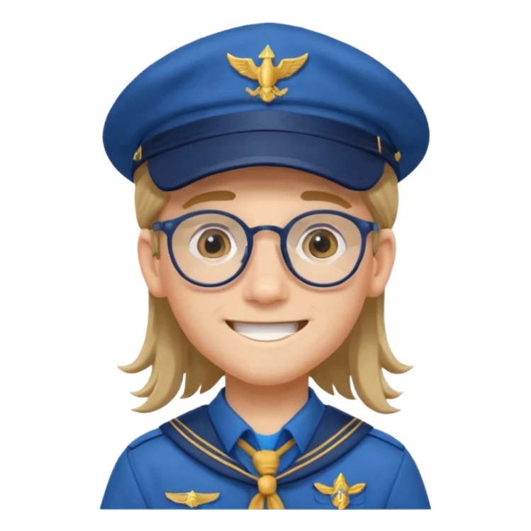 scout boy long hair spectacled blue uniform with cap sticker