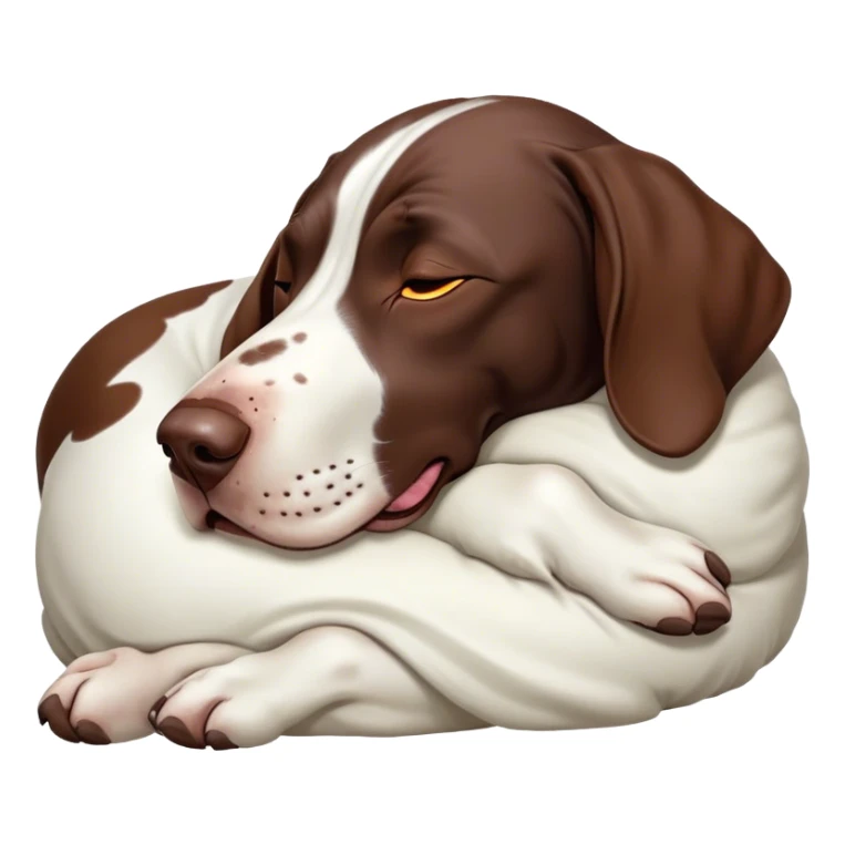 Cinematic Meme-Worthy Chubby Sleeping German Pointer Portrait Emoji, Head resting peacefully with a contented smile, showcasing a delightfully chubby build and a luxuriously soft liver and white coat, eyes shut in a serene nap, Simplified yet hilariously adorable features, highly detailed, glowing with a soft, drowsy light, high shine, relaxed and utterly lovable, stylized with an air of playful laziness, bright and heartwarming, soft glowing outline, capturing the essence of a comically sleepy hunter, so meme-worthy it feels like it could instantly become the next viral sensation of adorable slumber! sticker