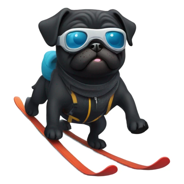Black pug with a curly tail and goggles skiing on a snowy mountain sticker