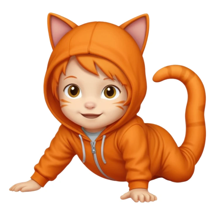 little kid Toddler in orange cat hoodie, crawling pose sticker