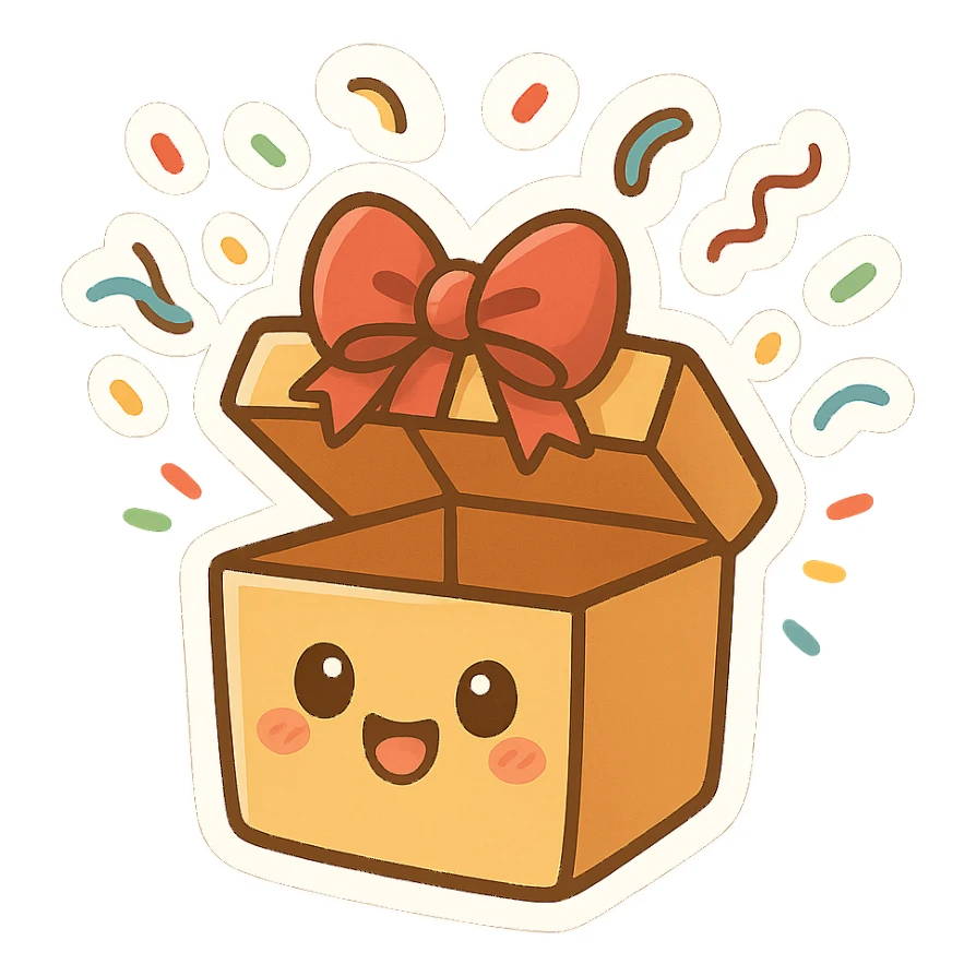 gift emoji, open box with confetti, festive style sticker