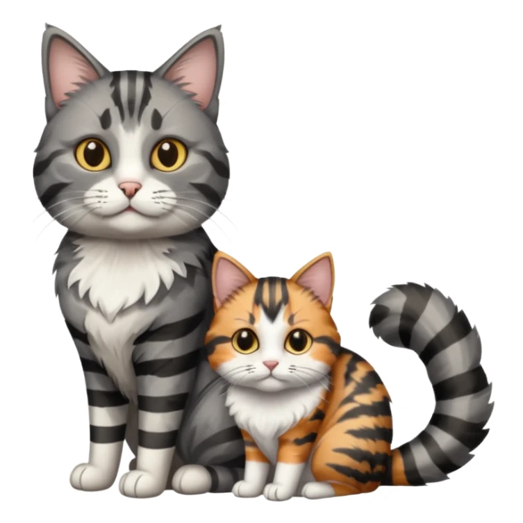 A grey tabby cat with dark grey stripes sitting next to a calico cat  sticker